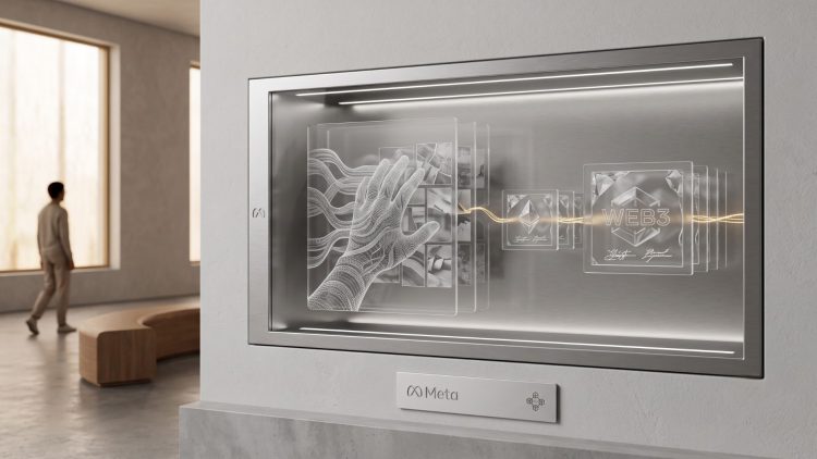 A minimalistic 3D gallery display featuring a holographic AI hand manipulating glass tiles next to Web3 digital assets, showcasing Meta's branding.
