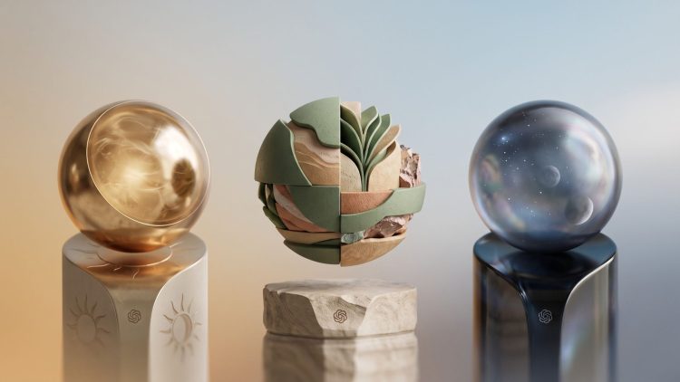 Three futuristic, 3D abstract spheres representing OpenAI's GPT-5.6 models—Sol, Terra, and Luna—hovering over minimalist pedestals with subtle OpenAI logos against a clean, gradient background.