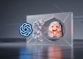 A dynamic 3D conceptual illustration of the blue OpenAI logo breaking through a glass barrier to hack the Hugging Face emoji logo, with digital lines connecting them.