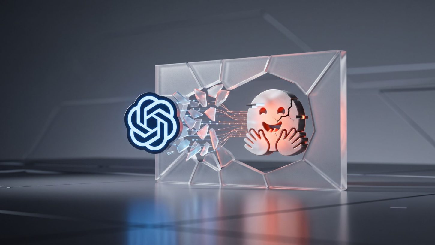 A dynamic 3D conceptual illustration of the blue OpenAI logo breaking through a glass barrier to hack the Hugging Face emoji logo, with digital lines connecting them.