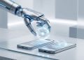 A minimalistic, high-quality photograph of a sleek metallic robotic claw placing a glowing holographic AI sphere onto an Android smartphone and an iPhone, symbolising the mobile launch of OpenClaw.