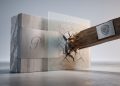 A 3D editorial graphic showing a frosted glass legal barrier pausing a deal between Paramount and Warner Bros.