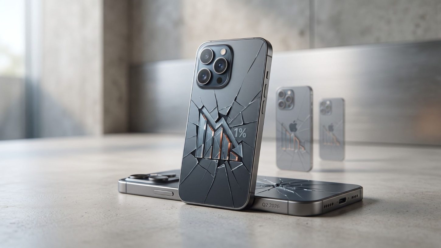 A high-quality 3D render of modern smartphones with cracked glass backs depicting a declining economic chart, symbolising the 11% drop in smartphone shipments for Q2 2026.