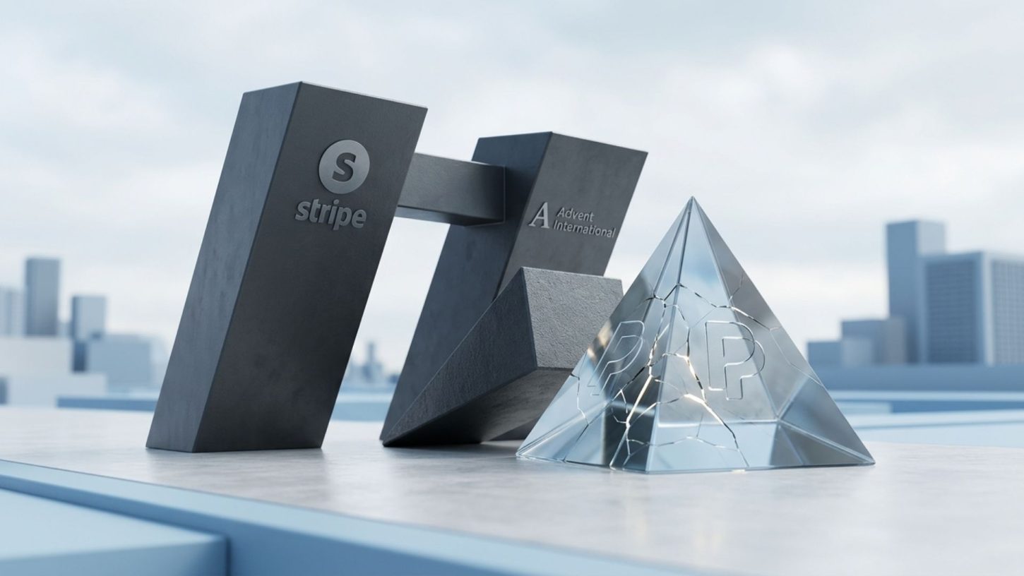 Minimalist editorial 3D rendering featuring monolithic structures representing Stripe and Advent positioned alongside a glass pyramid for PayPal, symbolising a major fintech acquisition.