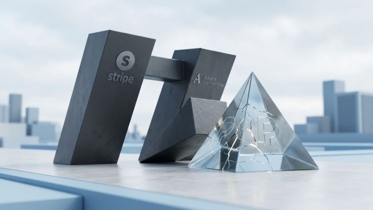 Minimalist editorial 3D rendering featuring monolithic structures representing Stripe and Advent positioned alongside a glass pyramid for PayPal, symbolising a major fintech acquisition.