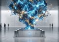 A 3D editorial photograph showing an expansive, glowing blue and gold AI neural network cloud erupting from a central concrete pedestal displaying the United Nations logo, symbolising technology outpacing international governance.