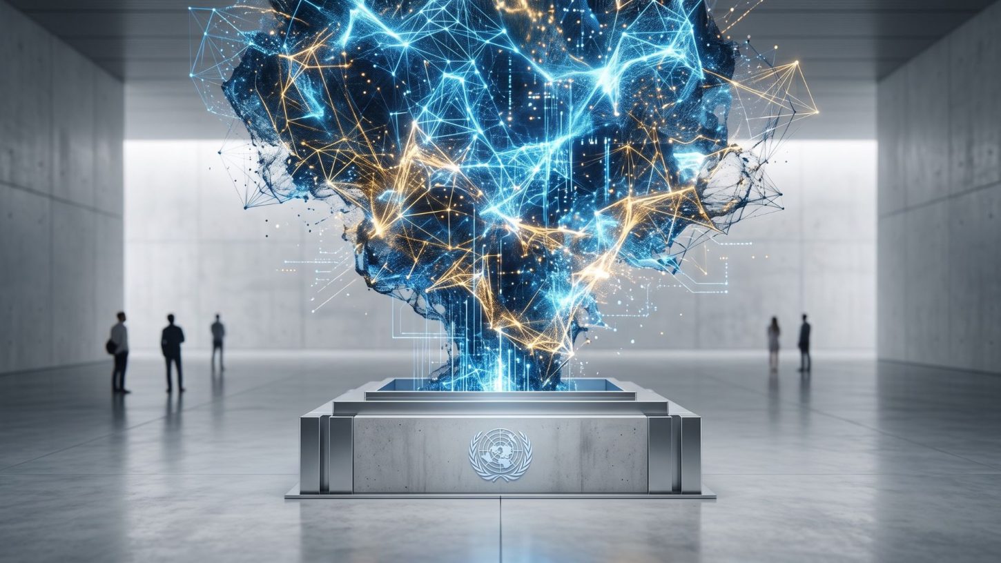 A 3D editorial photograph showing an expansive, glowing blue and gold AI neural network cloud erupting from a central concrete pedestal displaying the United Nations logo, symbolising technology outpacing international governance.