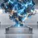 A 3D editorial photograph showing an expansive, glowing blue and gold AI neural network cloud erupting from a central concrete pedestal displaying the United Nations logo, symbolising technology outpacing international governance.
