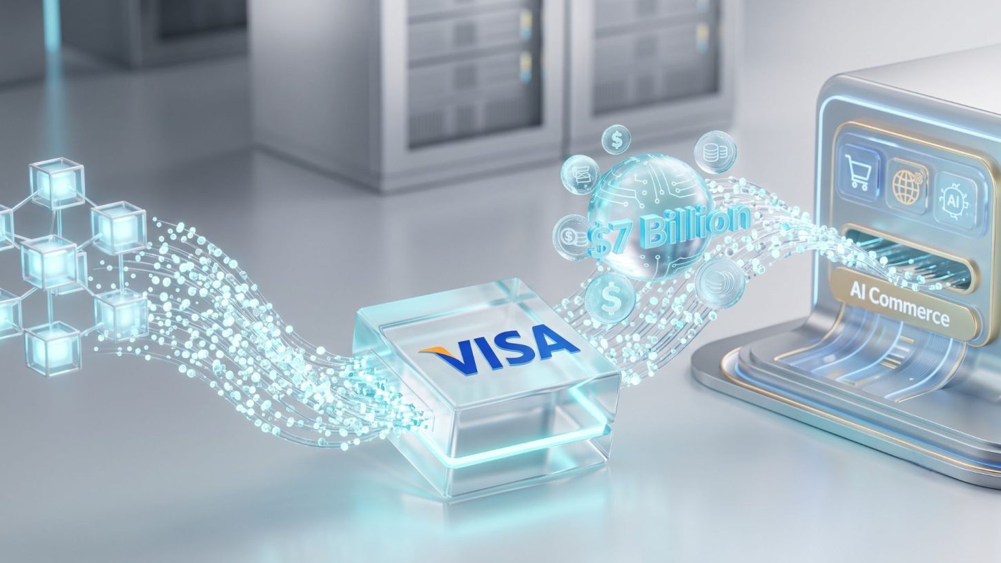 A 3D-style editorial concept image featuring the Visa logo on a sleek glass block, with glowing digital streams moving stablecoins toward an AI commerce data server.