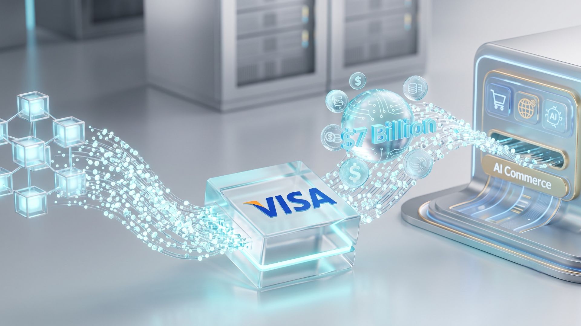 A 3D-style editorial concept image featuring the Visa logo on a sleek glass block, with glowing digital streams moving stablecoins toward an AI commerce data server.