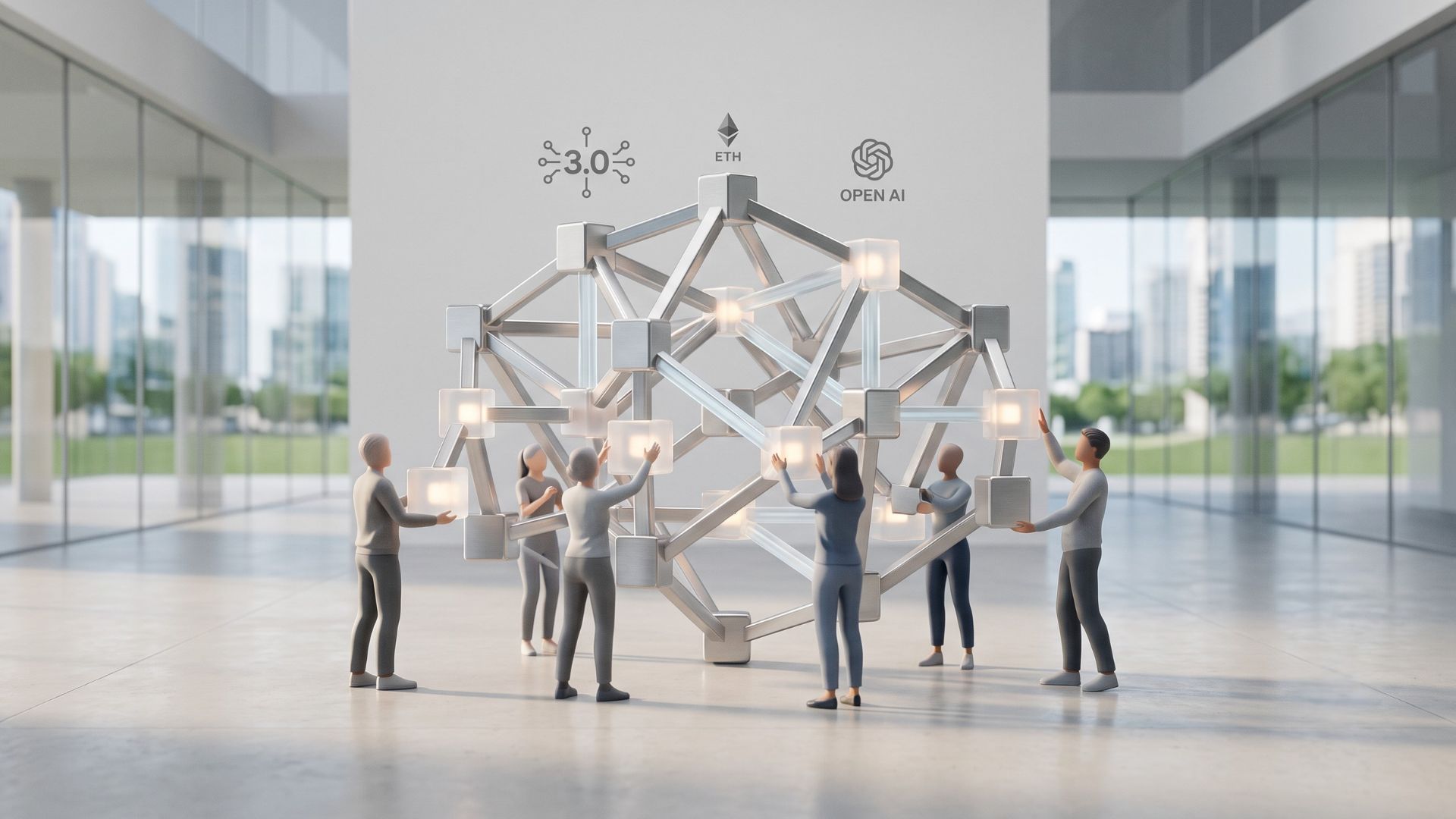 A 3D render representing Web 3.0 and open public AI infrastructure, featuring a central geometric structure collaboratively assembled in a minimalist studio.