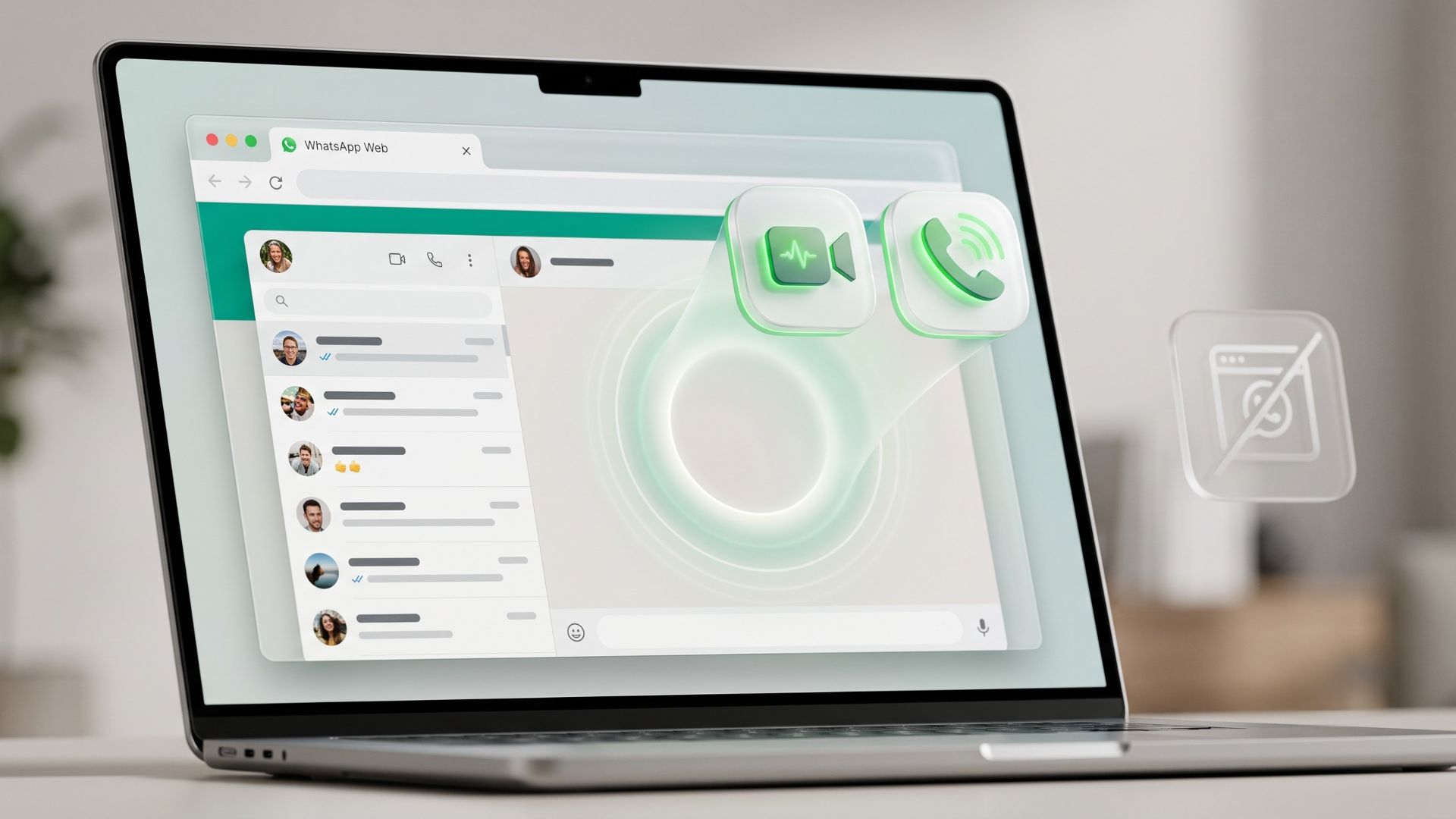 Sleek laptop displaying WhatsApp Web interface with floating 3D voice and video calling icons, illustrating browser-based calling.